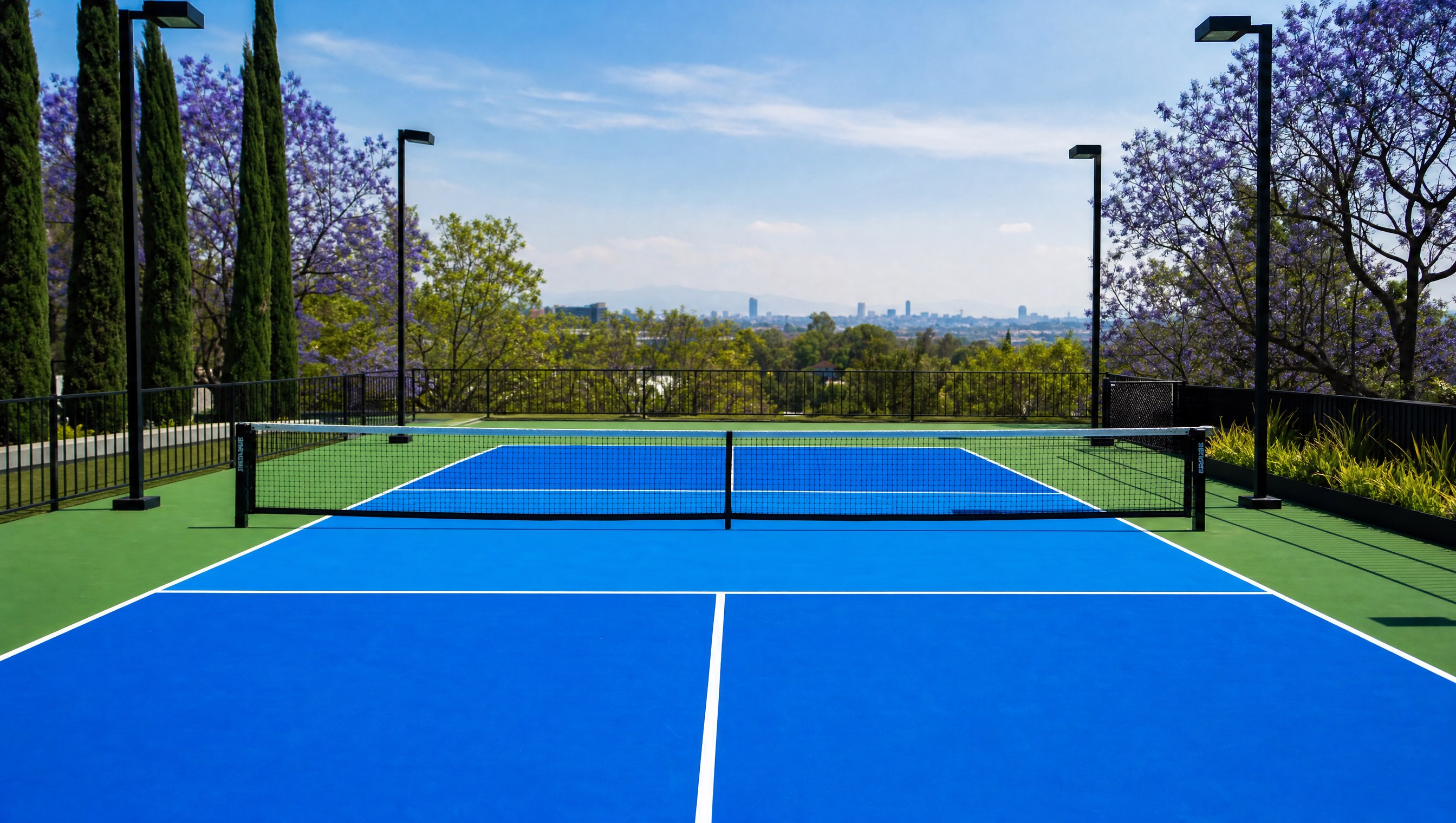 Cancha de pickleball profesional con vista al skyline de Santa Fe CDMX — construcción premium CanchasdePickleball.mx