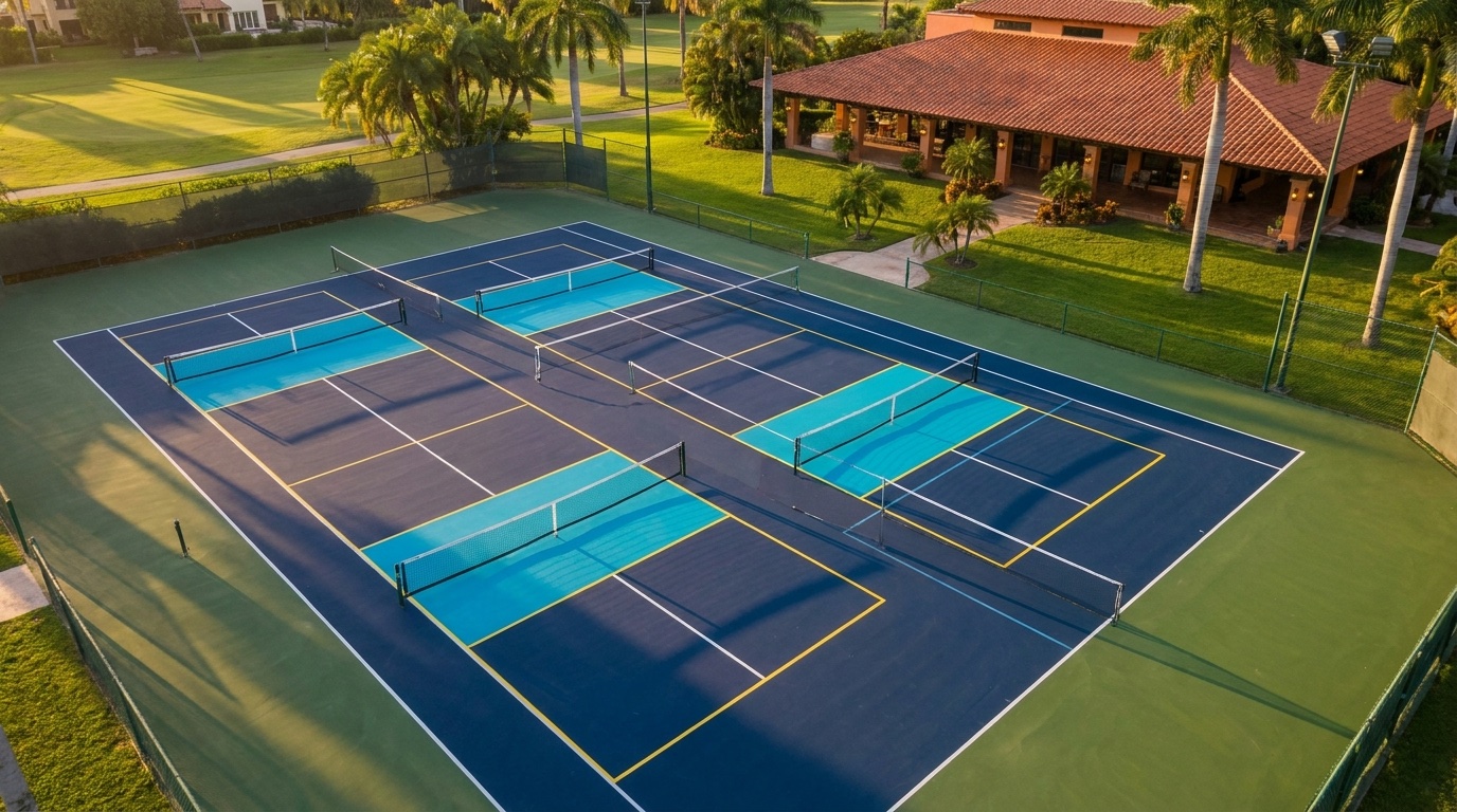 Cancha de tenis convertida en 4 canchas de pickleball — vista aérea club deportivo México