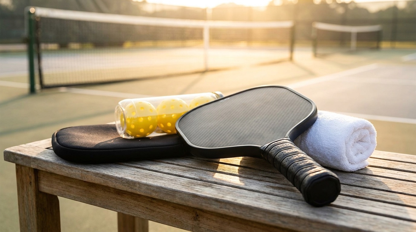 Kit completo de pickleball — pala de fibra de carbono con grip cushioned, pelotas amarillas outdoor, funda neopreno y toalla en banca de teca
