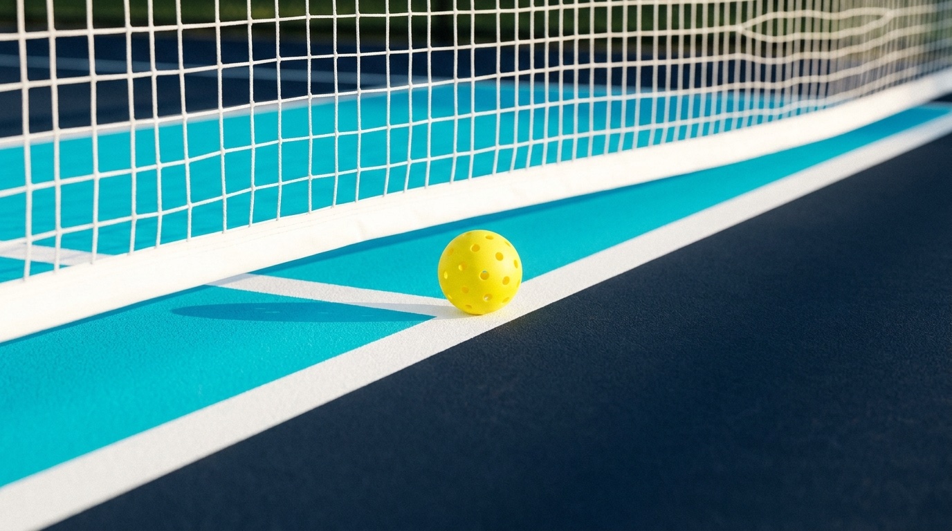 Zona de no volea kitchen en cancha de pickleball — área cyan a 2.13 metros de la red con línea blanca oficial USAPA