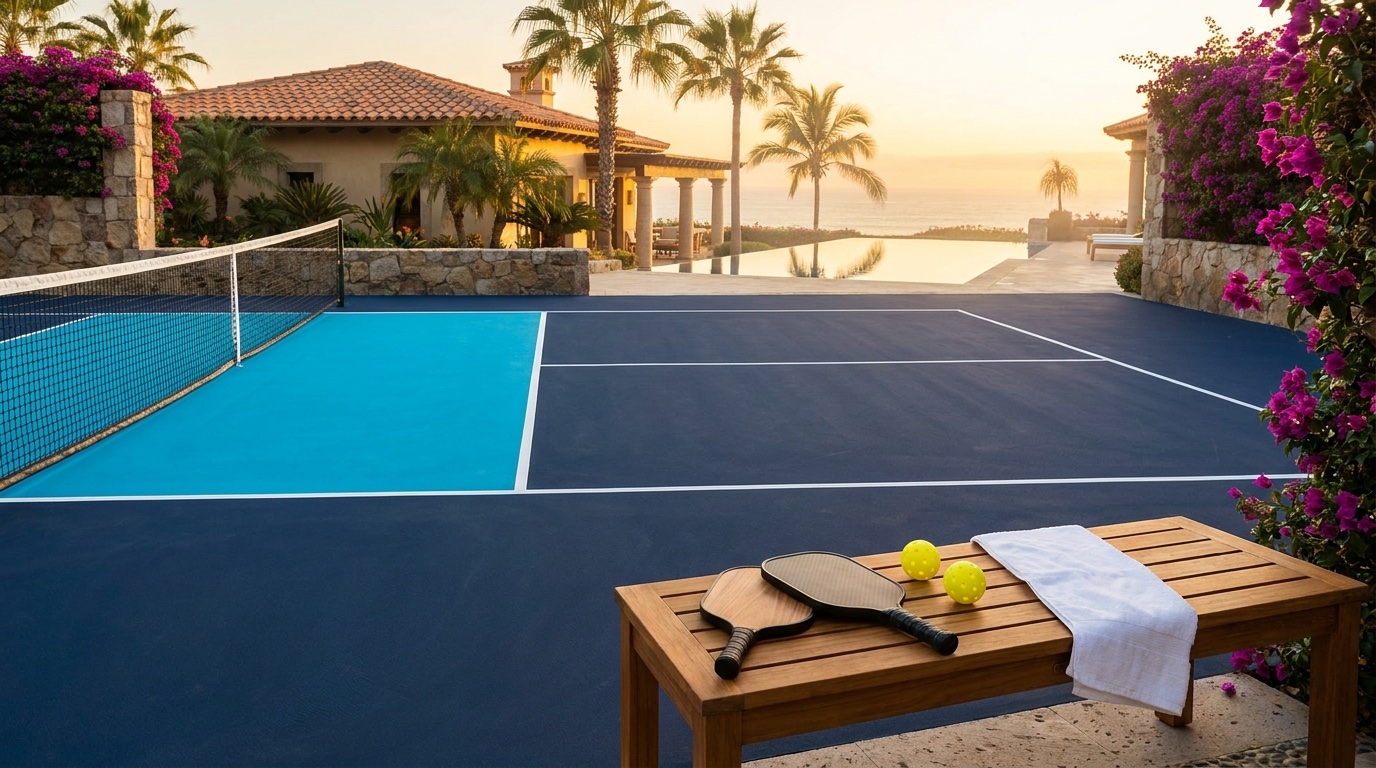Cancha de pickleball residencial premium en casa de México con palas y pelotas sobre banca de teca al atardecer