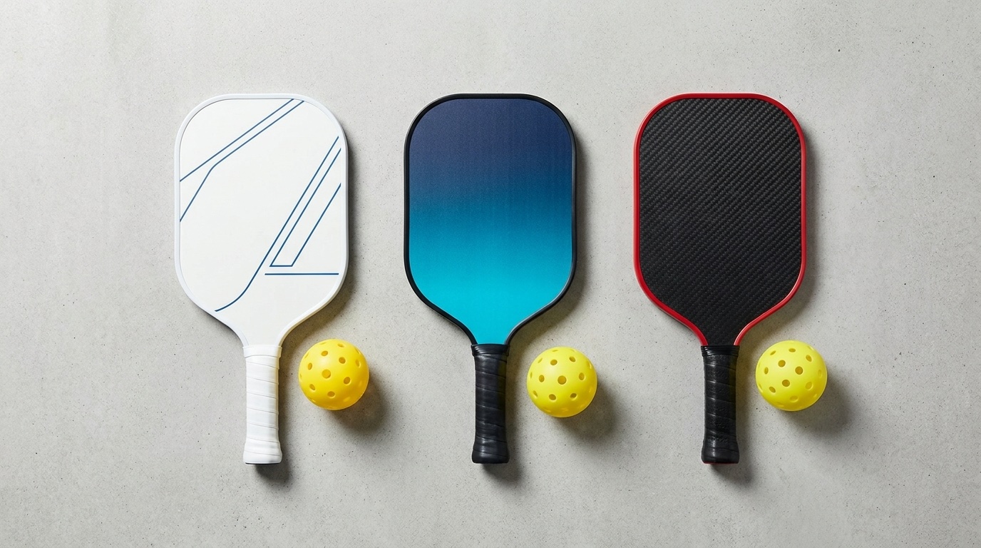 Tres palas de pickleball por nivel: principiante composite, intermedio fibra de vidrio y avanzado fibra de carbono — comparativa visual México