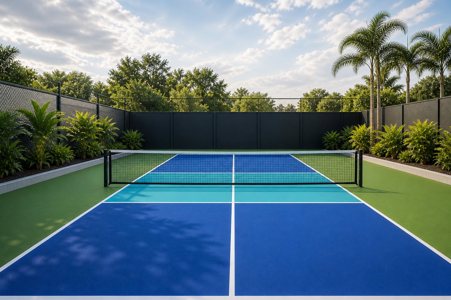 Cancha de pickleball residencial con palmeras — ideal para familias y adultos mayores