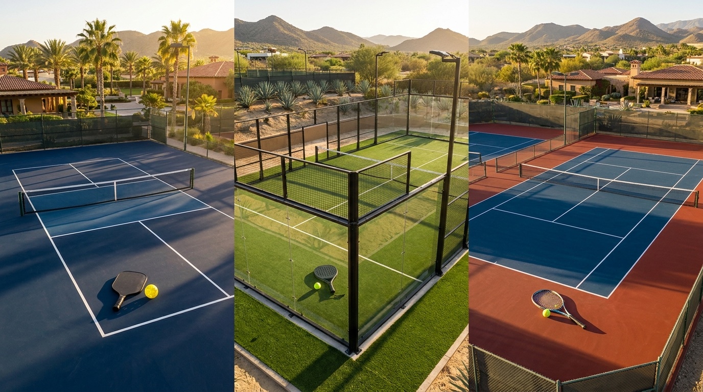 Comparativa pickleball vs pádel vs tenis: tres canchas premium lado a lado en club deportivo de México al atardecer