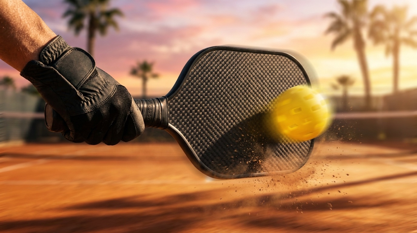 Raqueta de pickleball de fibra de carbono en acción golpeando pelota amarilla durante partido al atardecer