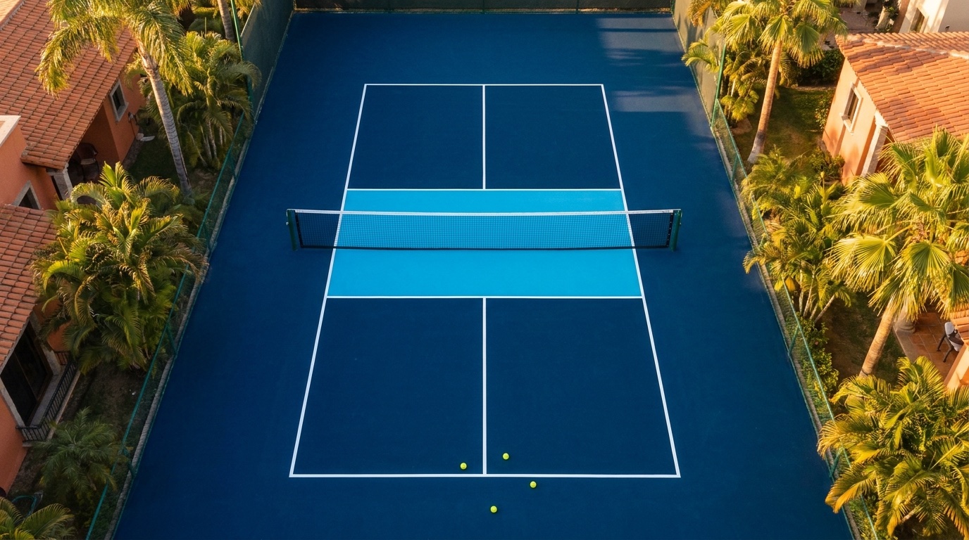 Cancha oficial de pickleball USAPA con medidas y zonas claramente visibles — kitchen cyan, líneas blancas y red al centro
