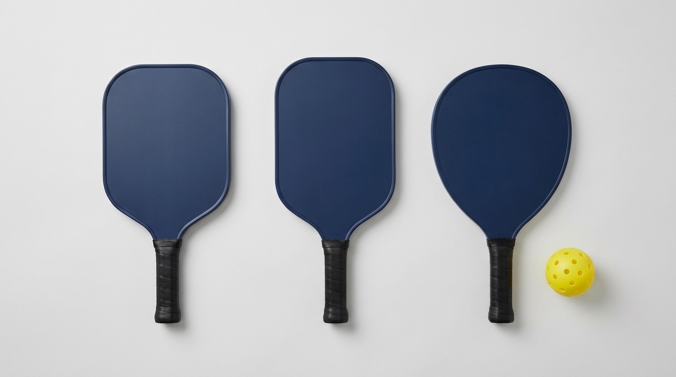 Tipos de pala de pickleball por forma — estándar, elongada y wide-body comparadas lado a lado en color navy con grip negro